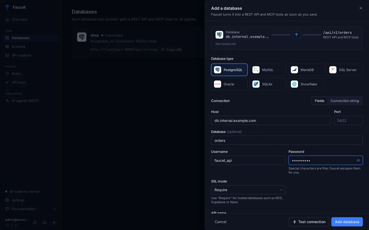 Faucet admin UI: adding a PostgreSQL database with host, port, database, username, password and SSL mode fields, and a Test connection button