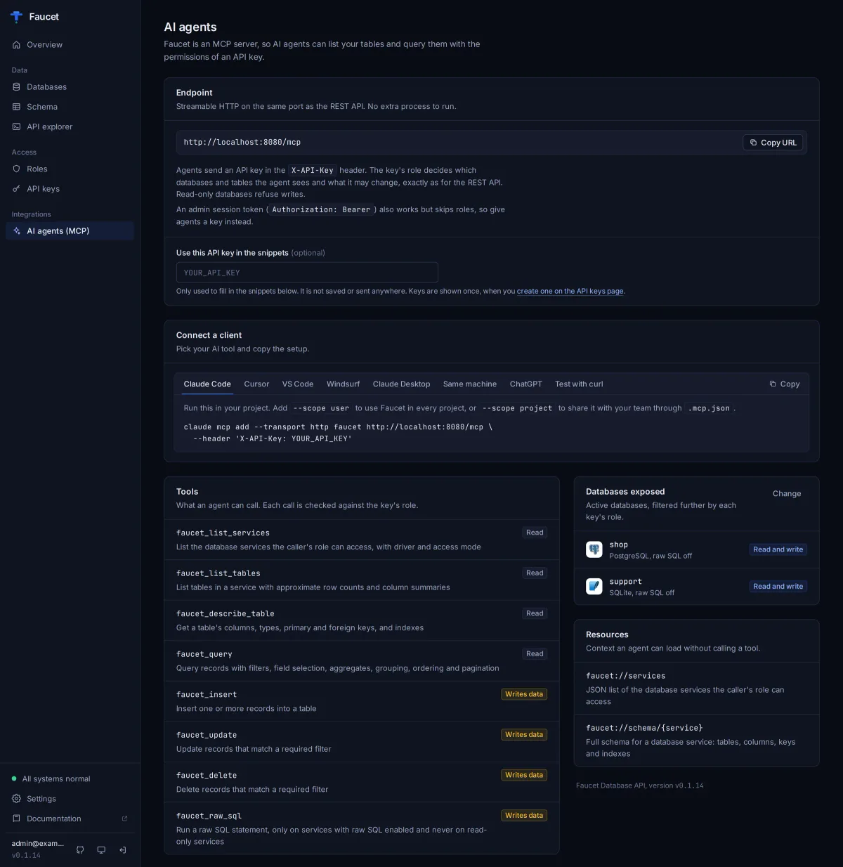 Faucet AI agents page with the MCP endpoint, client setup tabs for Claude Code, Cursor, VS Code, Windsurf, Claude Desktop and ChatGPT, and the list of MCP tools