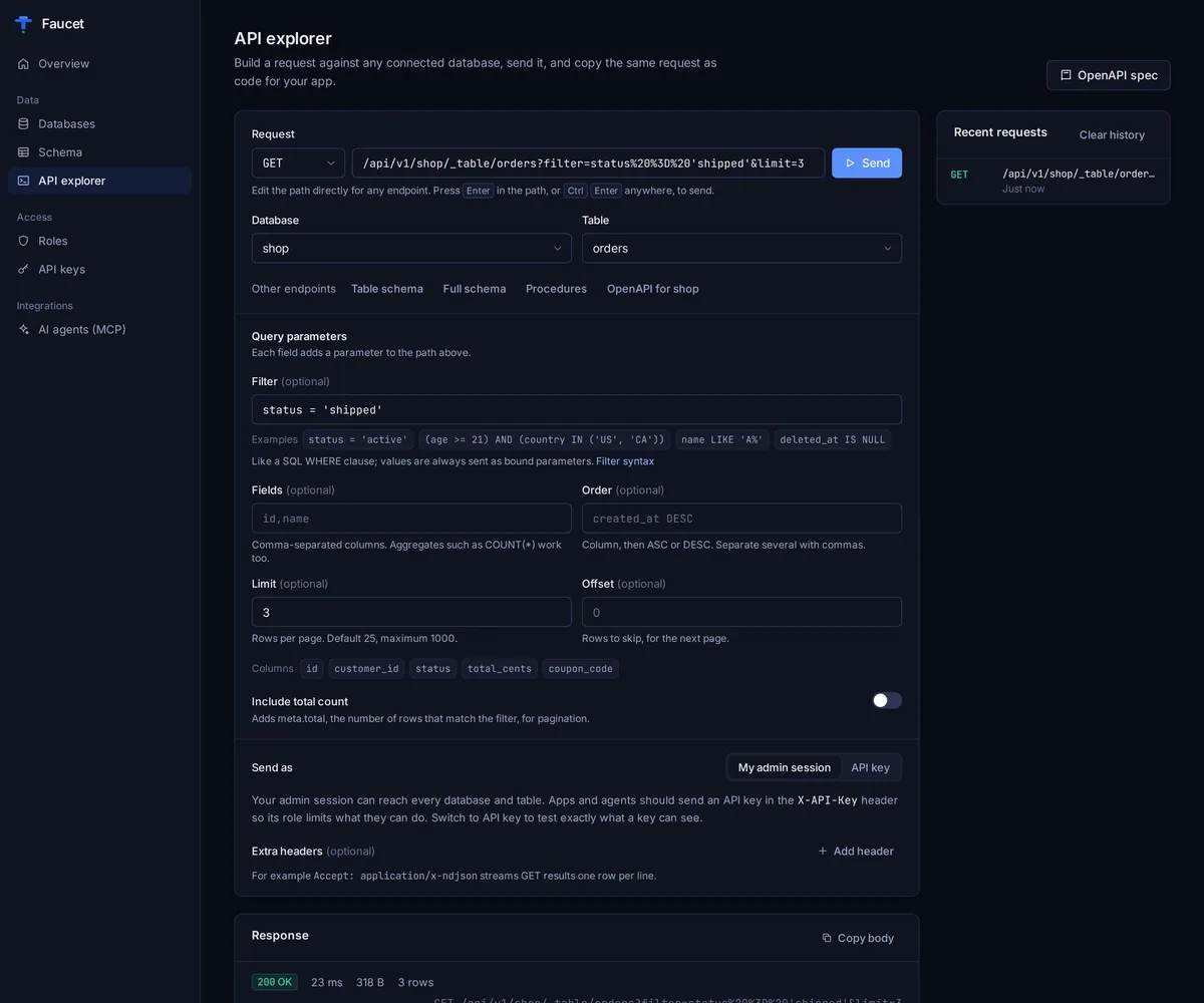 Faucet API explorer building a GET request on the orders table with a filter of status = shipped and a limit of 3